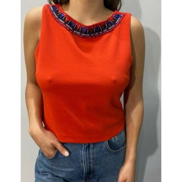BISOU BISOU BEADED CROPPED RED TANK TOP SZ LG - Picture 1 of 5